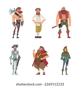 Medieval historical characters set. Peasant, king, knight, warrior cartoon vector illustration