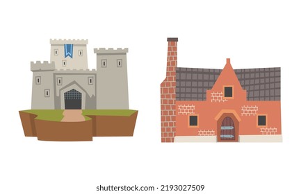 Medieval Historical Residential House with Tile Roof and Tower Vector Illustration Set