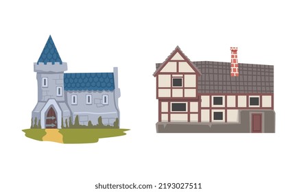 Medieval Historical Residential House with Tile Roof Vector Illustration Set