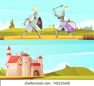 Medieval Horizontal Cartoon Banners Set With Castle And Fighting Knights In Full Body Armor Suits Vector Illustration 