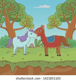 Medieval horse and unicorn of fairytale design vector illustration
