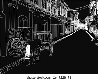 Uma carruagem medieval puxada por cavalos fica em uma rua de paralelepípedos sob um céu noturno estrelado, iluminado por lanternas brilhantes e luzes movimentadas da cidade. O majestoso cavalo para no meio da jornada enquanto as pessoas se movem.
