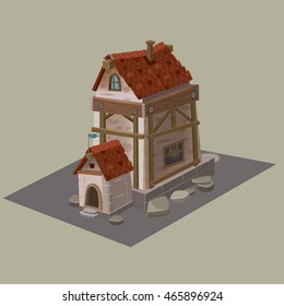 Medieval house computer games, home, structure, stones, Cartoon, vector illustration