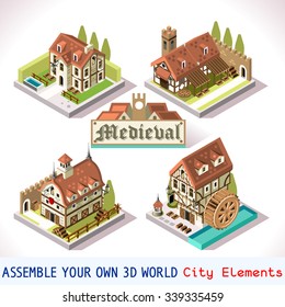 Medieval house Tile Online Strategic android video Game Insight. Development map element Isometric Flat Medieval 3D Buildings and Mill Explore Vector Game Antique Historic Breton Icon Set Collection