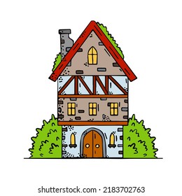 Medieval house. Village building with green bush. Fairy tale house with chimney. Cartoon retro illustration.