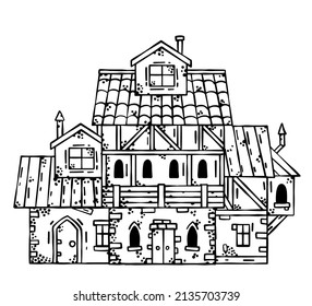 Medieval house. Village building. Old house with chimney. Black and white sketch image of street. Cartoon retro illustration