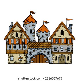 Medieval house. Village building. Old house with chimney. Cartoon retro illustration. European Small old town