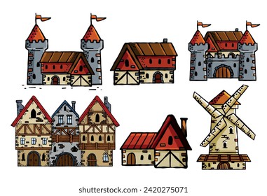 Casa medieval. Edificio del pueblo. Vieja casa con chimenea. Imagen de boceto de la vintage calle europea. Ilustración retro de dibujos animados