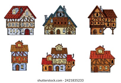 Mittelalterliches Haus. Dorfgebäude. Altes Haus mit Kamin. Sketch-Bild der Vintage europäischen Straße. Cartoon-Retro-Illustration