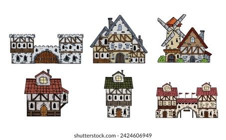 Mittelalterliches Haus. Dorfgebäude. Altes Haus mit Kamin. Skizze der europäischen Vintage-Straße. Retro-Illustration