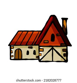 Medieval house. Village red building. Old house with chimney. Cartoon retro illustration
