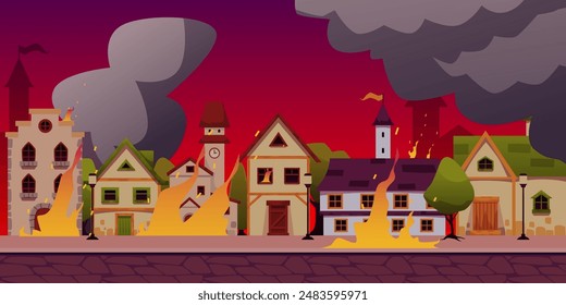 A medieval houses with burning cottages, towers and taverns. Vector illustrations of historical rural architecture against the background of destruction