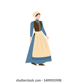 Medieval housewife woman in long blue dress with white apron