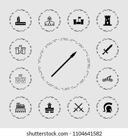 Medieval icon. collection of 13 medieval filled and outline icons such as castle, sword, knight, spear. editable medieval icons for web and mobile.