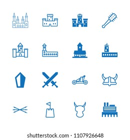 Medieval icon. collection of 16 medieval filled and outline icons such as castle, sword, helmet, castle tower, arrow bow, catapult. editable medieval icons for web and mobile.
