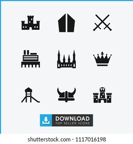 Medieval icon. collection of 9 medieval filled icons such as castle, crown, sword. editable medieval icons for web and mobile.