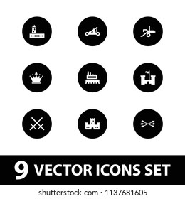 Medieval icon. collection of 9 medieval filled icons such as castle, sword, arrow bow, catapult, cannon. editable medieval icons for web and mobile.