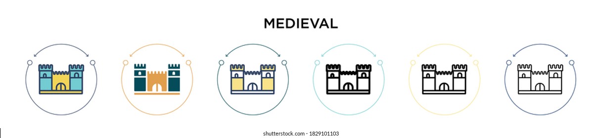 Icono medieval en el estilo relleno, delgado, contorno y trazo. Ilustración vectorial de dos iconos vectoriales medievales de color y negro se puede utilizar para móviles, ui, web