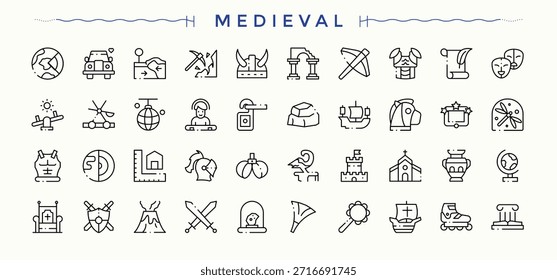 Ícone medieval. Ícones lineares mínimos. Contém tais símbolos como vintage, velho, guerreiro, guerra, antique, rei. Ilustração vetorial. Pixel perfeito. Conjunto de ícones antigos modernos.