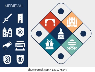 medieval icon set. 13 filled medieval icons.  Collection Of - Tower, Shield, Cannon, Guillotine, Castle, Sword, Medieval, Stari most, Armour, Ancient aliens