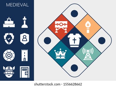 medieval icon set. 13 filled medieval icons.  Simple modern icons about  - Armour, Viking, Death penalty, Shield, Tower, Castle, Excalibur, Torch, Guillotine, Crown