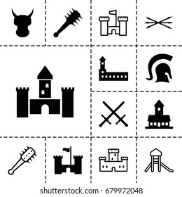 Medieval icon. set of 13 filled and outline medieval icons such as castle, knight, mace, arrow bow, sword