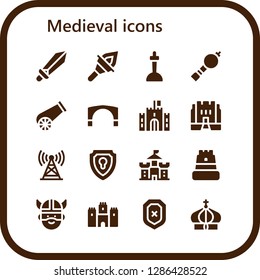  medieval icon set. 16 filled medieval icons. Simple modern icons about  - Sword, Torch, Excalibur, Bladder pipe, Cannon, Stari most, Castle, Medieval, Tower, Shield, Viking, Crown