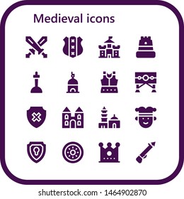medieval icon set. 16 filled medieval icons.  Simple modern icons about  - Swords, Shield, Castle, Excalibur, Tower, Armour, Guillotine, Qutb minar, Joker, Crown, Spear