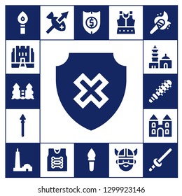  medieval icon set. 17 filled medieval icons.  Simple modern icons about  - Torch, Medieval, Castle, Shield, Spear, Qutb minar, Mace, Armor, Armour, Viking, Sword