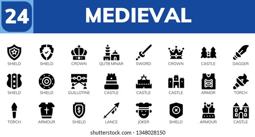 medieval icon set. 24 filled medieval icons.  Collection Of - Shield, Crown, Qutb minar, Sword, Castle, Dagger, Guillotine, Armor, Torch, Armour, Lance, Joker