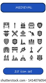medieval icon set. 25 filled medieval icons.  Collection Of - Pillory, Spear, Armour, Guillotine, Shield, Joker, Swords, Ancient aliens, Vulture, Qutb minar, Crown, Medieval, Torch
