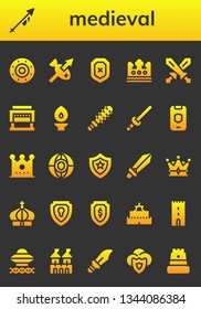 medieval icon set. 26 filled medieval icons.  Simple modern icons about  - Shield, Lance, Spear, Crown, Swords, Guillotine, Torch, Mace, Sword, Castle, Tower, Ancient aliens, Fortress