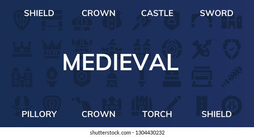 medieval icon set. 32 filled medieval icons. on blue background style Simple modern icons about  - Shield, Crown, Castle, Sword, Pillory, Torch, Viking, Vulture, Tower, Fortress