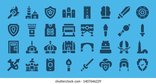 medieval icon set. 32 filled medieval icons. on blue background style Simple modern icons about  - Torch, Shield, Death penalty, Spear, Qutb minar, Thatbyinnyu temple, Castle