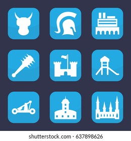 Medieval icon. set of 9 filled medieval icons such as castle, knight, catapult, mace