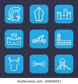 Medieval icon. set of 9 outline medieval icons such as castle, knight, arrow bow, catapult, sword