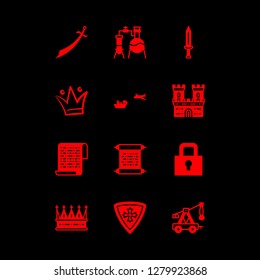 medieval icon set about alchemy, castle, shield and carriage vector set