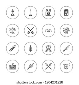 Medieval icon set. collection of 16 outline medieval icons with armor, clown hat, castle, dagger, dragon, dulcimer, excalibur, fanfare, sceptre, spear, tower icons.