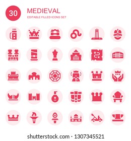 medieval icon set. Collection of 30 filled medieval icons included Quiver, Crown, Castle, Leo, , Guillotine, Queen, Shrine remembrance, Treasure,