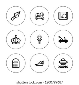Medieval icon set. collection of 9 outline medieval icons with ancient aliens, cannon, catapult, crown, kunai, robin hood, treasure map, torch icons. editable icons.