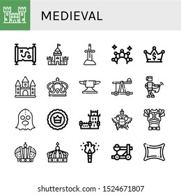 medieval icon set. Collection of Fortress, Treasure map, Castle, Sword, Crown, Anvil, Catapult, Medieval, Executioner, Belem tower, Coat of arms, Armor, Torch, Rune icons