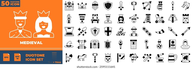 Medieval icon set. Containing fantasy, knight, castle,and more. Duotone vector icons collection.