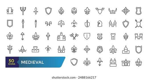 Medieval icon set. Minimalist thin linear web icon pack. Collection and pack of linear web and ui icons. Editable stroke. Vector illustration.