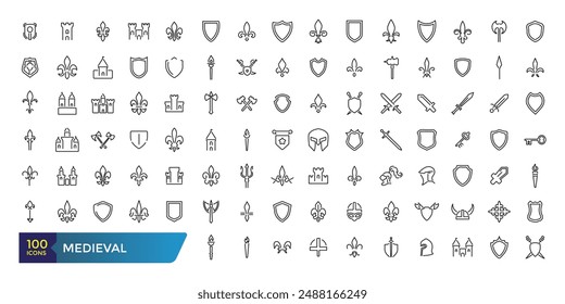 Medieval icon set. Minimalist thin linear web icon pack. Collection and pack of linear web and ui icons. Editable stroke. Vector illustration.