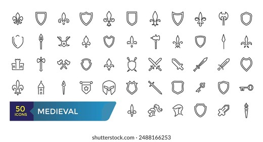 Medieval icon set. Minimalist thin linear web icon pack. Collection and pack of linear web and ui icons. Editable stroke. Vector illustration.