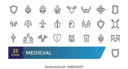 Medieval icon set. Minimalist thin linear web icon pack. Collection and pack of linear web and ui icons. Editable stroke. Vector illustration.