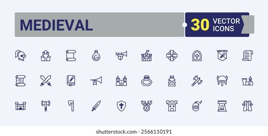 Medieval icon set. Related to web, geometric, mascot, drawing, warrior, royal and more. Minimal linear icons. Vector line and solid icons.