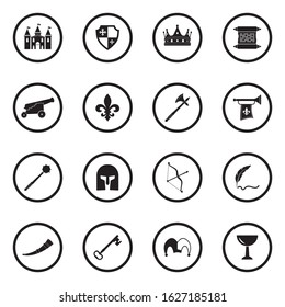 Medieval Icons. Black Flat Design In Circle. Vector Illustration.