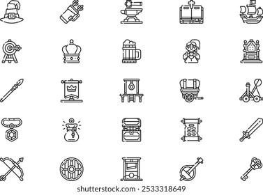 Medieval icons collection is a vector illustration with editable stroke.