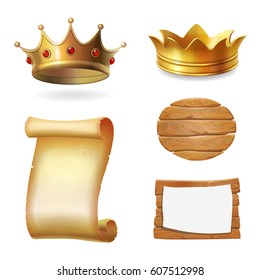 Medieval icons. Gold crown, scroll and signboard. Illustration vector.